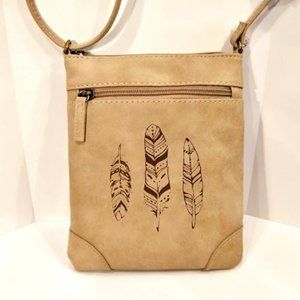 *NWOT* CROSSBODY BAG FAUX TAN LEATHER W/ FEATHER DESIGN